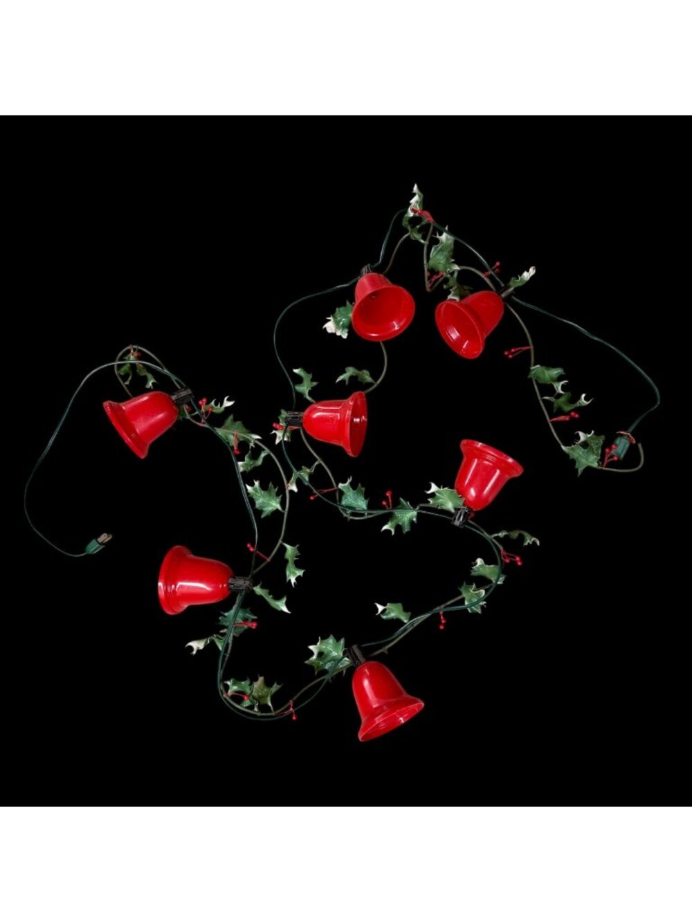 Vintage Red Christmas Bell String Lights Plastic Holly Decoration Retro 8Ft